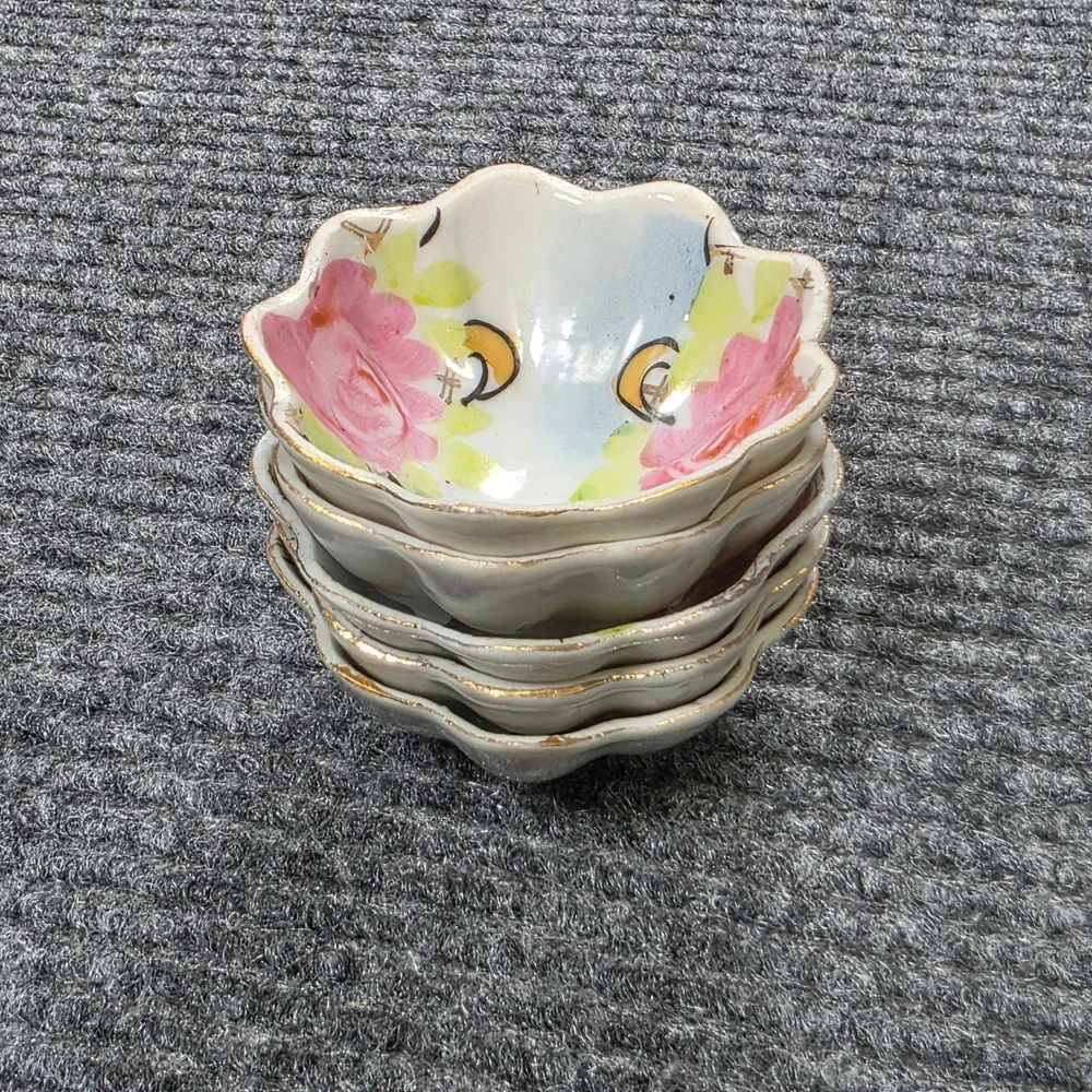 Vintage Japan Porcelain Nut Bowls Salt Cellars White Pink Rose Gold Rim Set of 5
